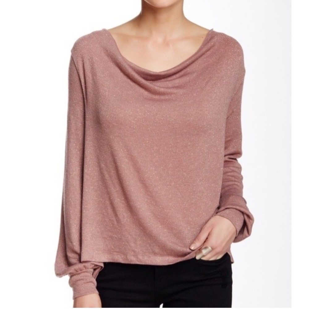 Free People Beach Cowl Neck Shimmer Knit Top Mauve Rose Gold Metallic Medium